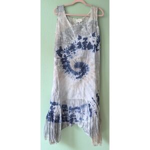 Belle France Linen Silk Tie Dye Handkerchief Hem Dress Blue Grey Made in Italy L